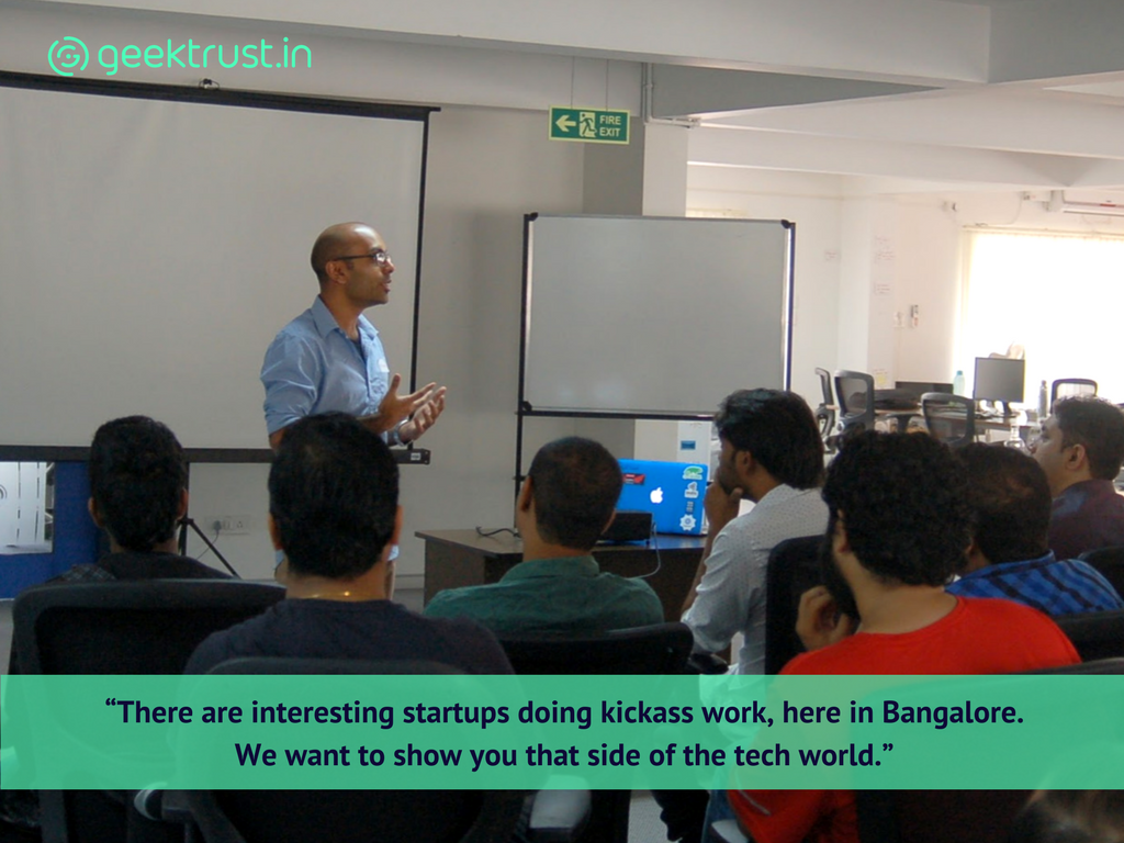 Krishnan kicking off the Geektrust Startup Crawl at Sahaj Software.