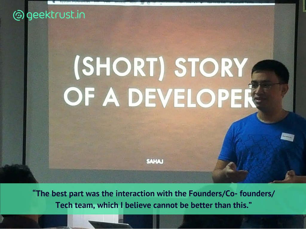 Shashank from Sahaj interacting with the participants through his "(Short) Story of a Developer".